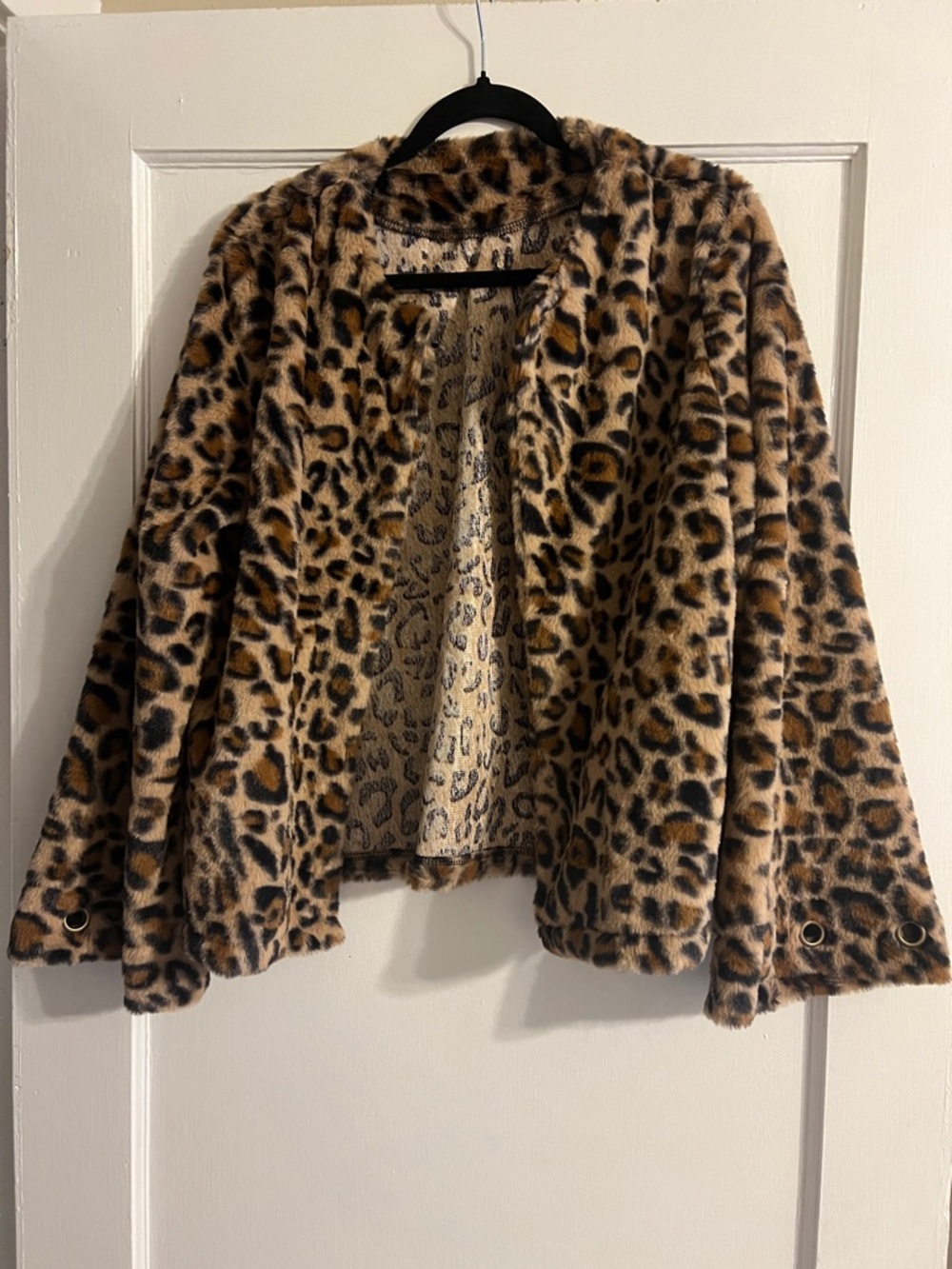 Leopard Print Faux Fur Jacket - Brown & Black with Bell Sleeves and Grommets
